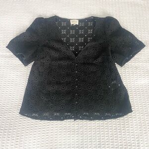 Sezane Black Eyelet Short Sleeve Blouse size 40